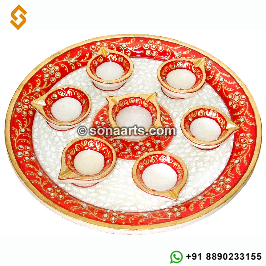Gifting marble pooja thali with hand painting