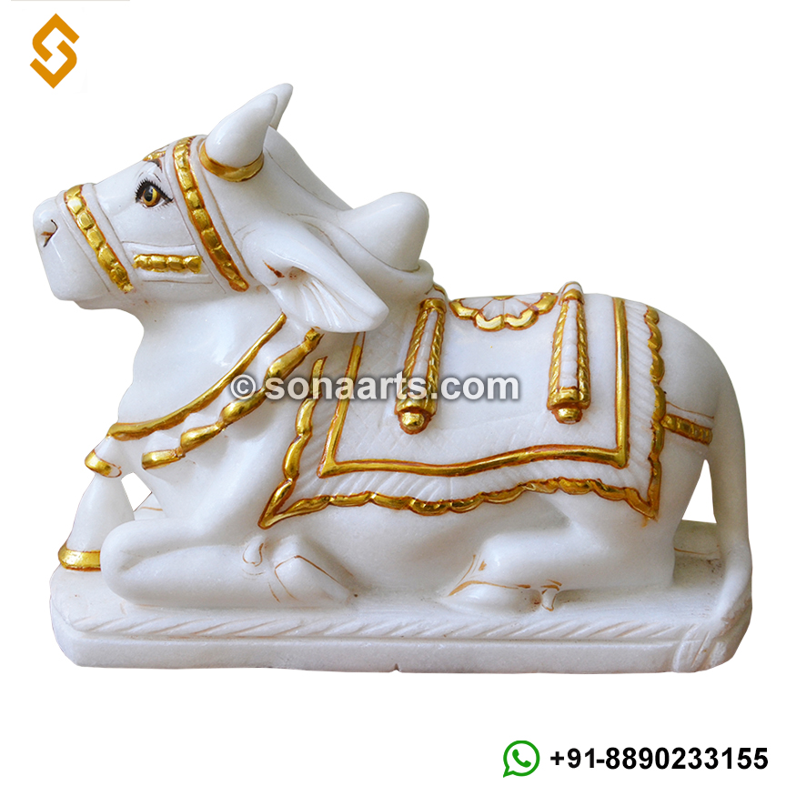 Golden work White Marble Nandi Statue