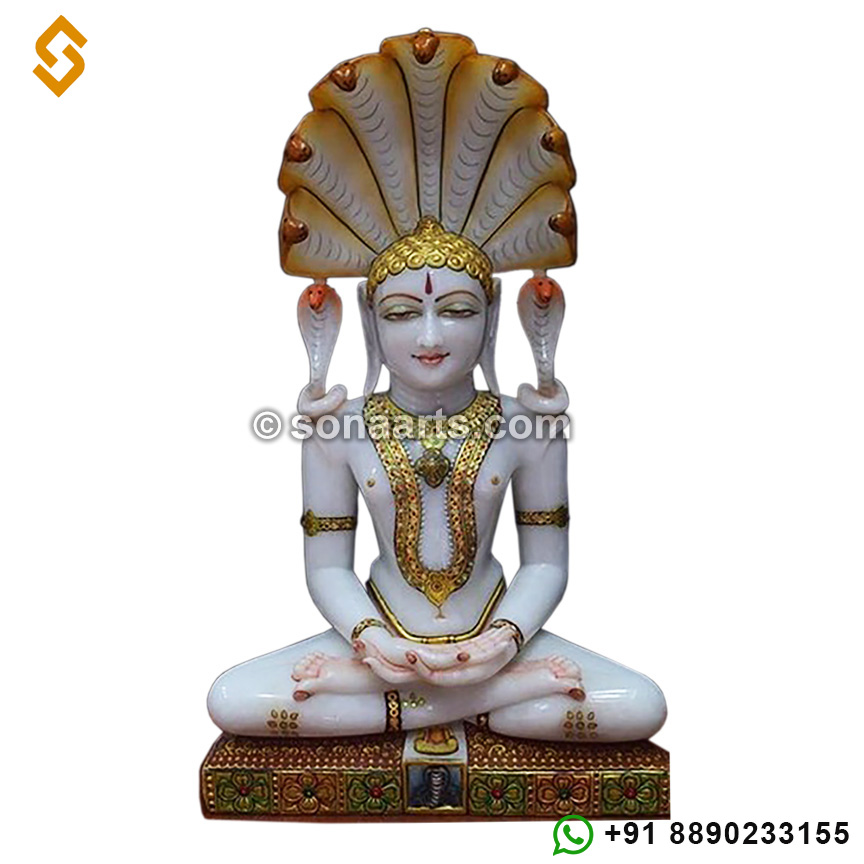 Jain Parasnath Statue Carved in Marble Stone