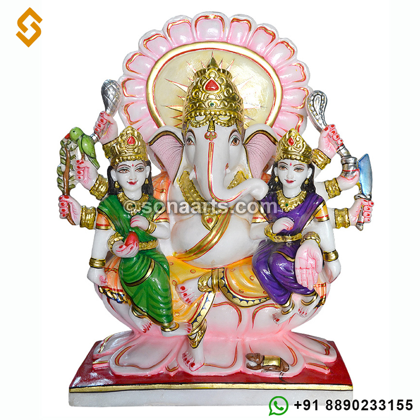 Marble Ganesha with Riddhi and Siddhi Statue