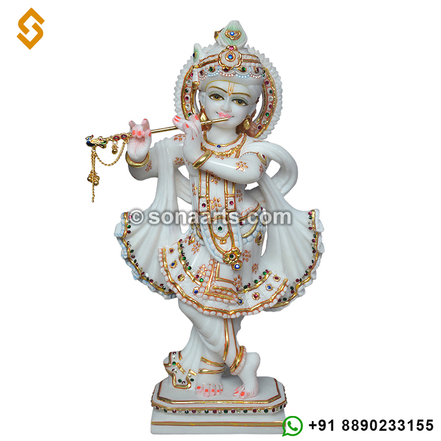 Marble Goldenwork Lord Krishna Statue