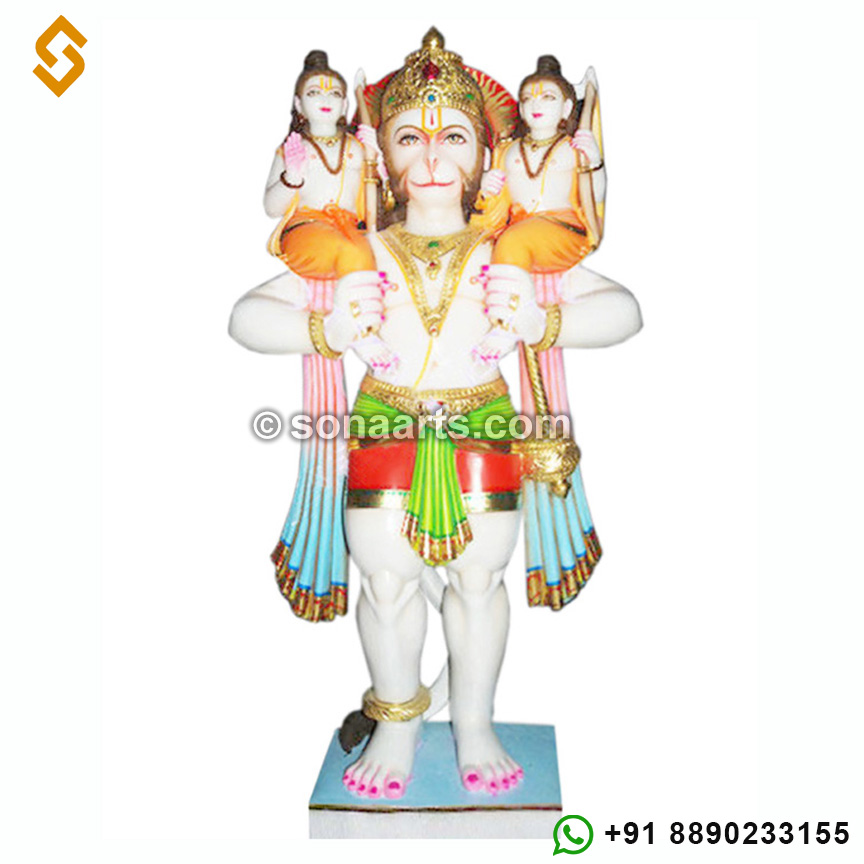 Marble Hanuman carrying lord ram and laxman on shoulders