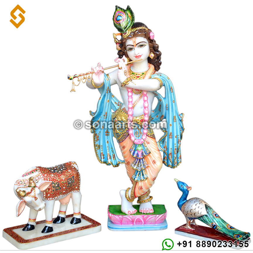 Marble Krishna Statue with Cow and Peacock