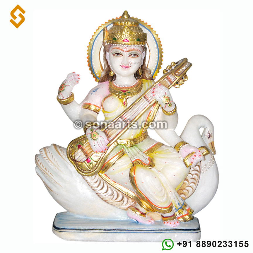 Marble Seated Saraswati Statue Playing the Veena