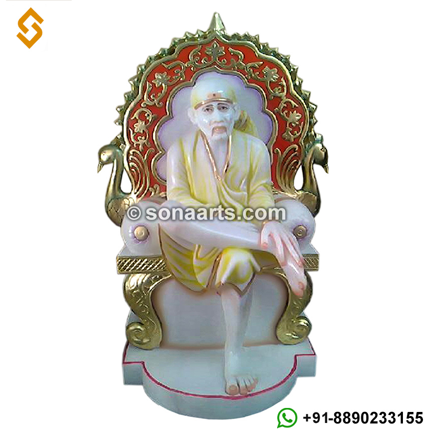 Unique Marble Sai Baba Statue sitting on singhasan