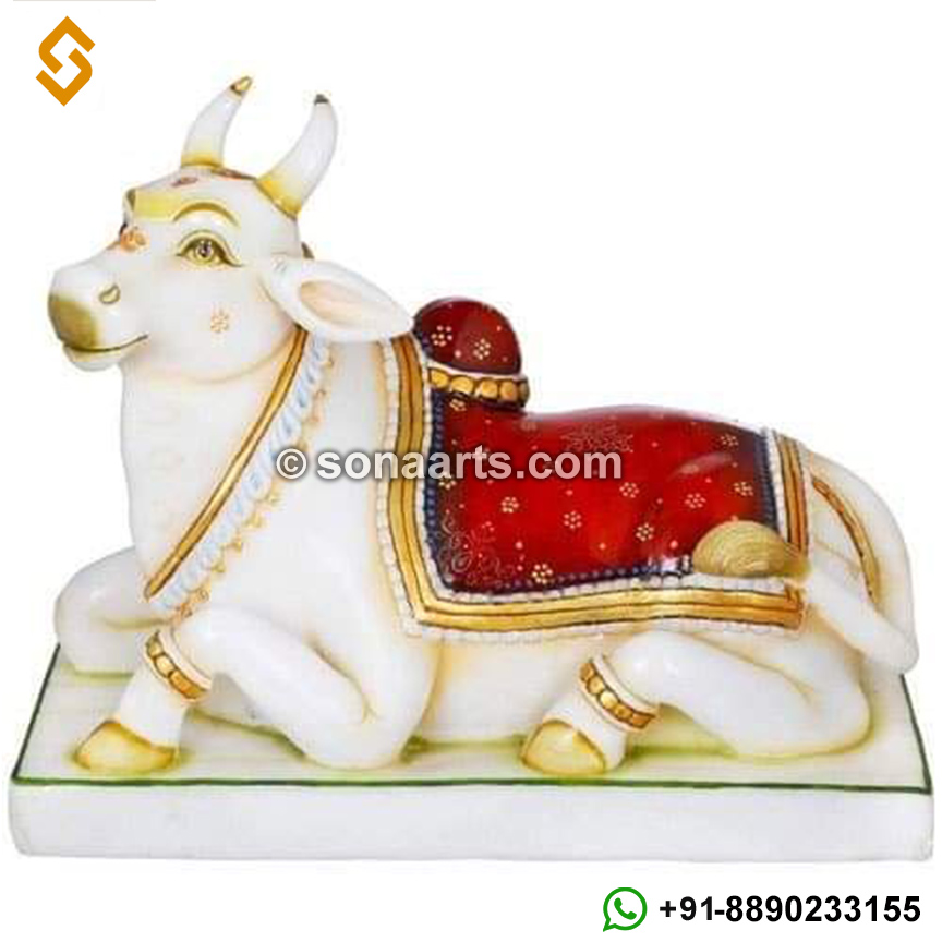 White Marble Nandi Statue with Painting